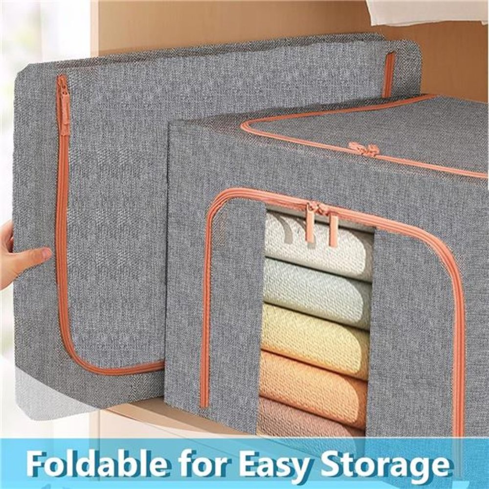 100L Large Clothes Storage Bags with Metal Frame, Foldable (Gray, 3 Pack) - Picture 6 of 6